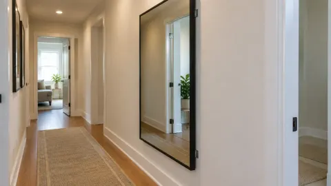 Lorong rumah dengan cermin besar di samping pintu