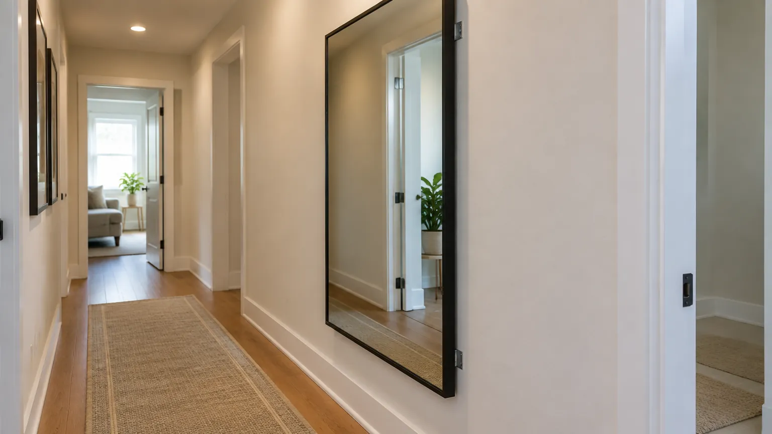 Lorong rumah dengan cermin besar di samping pintu
