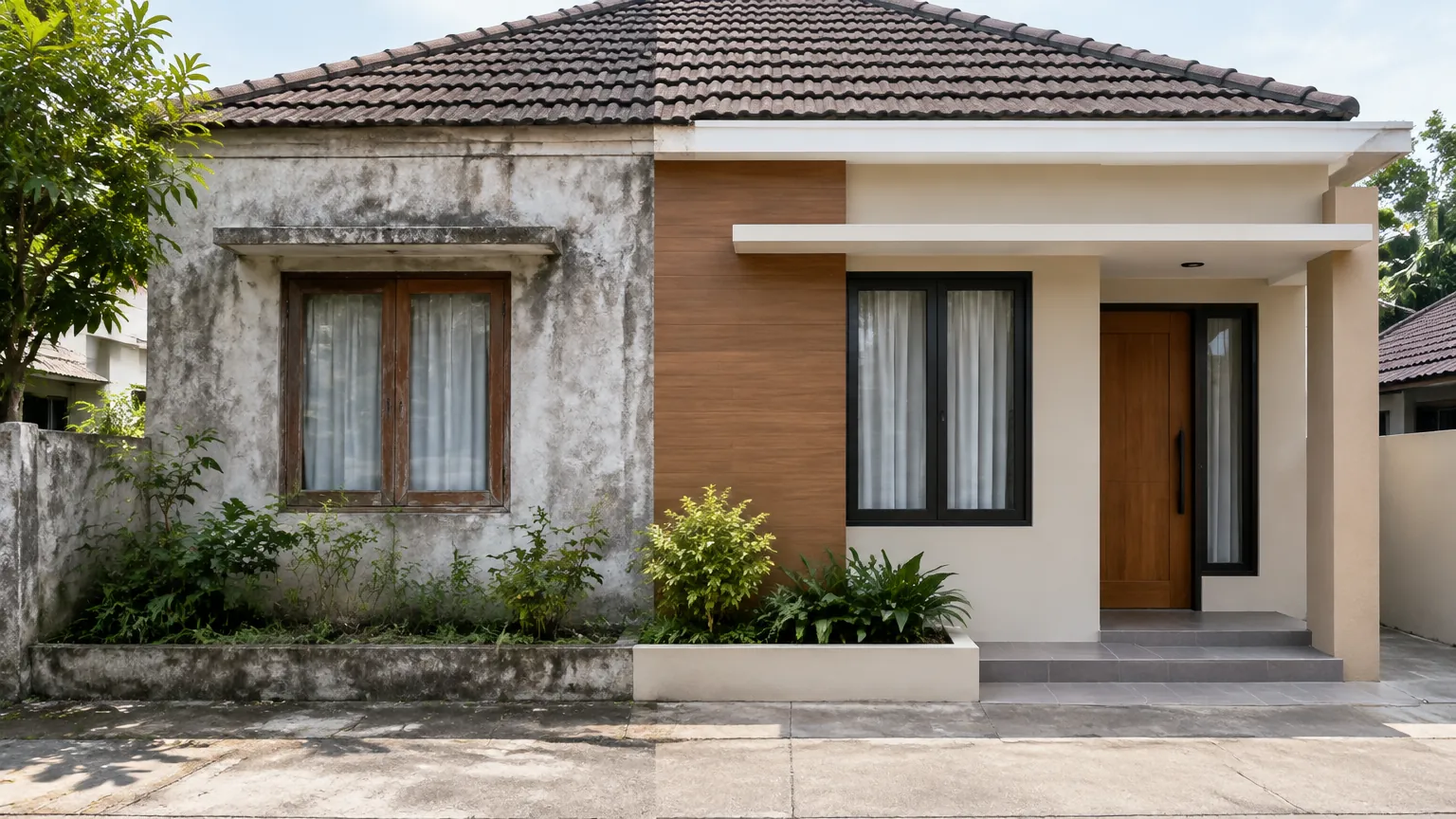 Rumah dengan cat fasad yang rusak di satu sisi