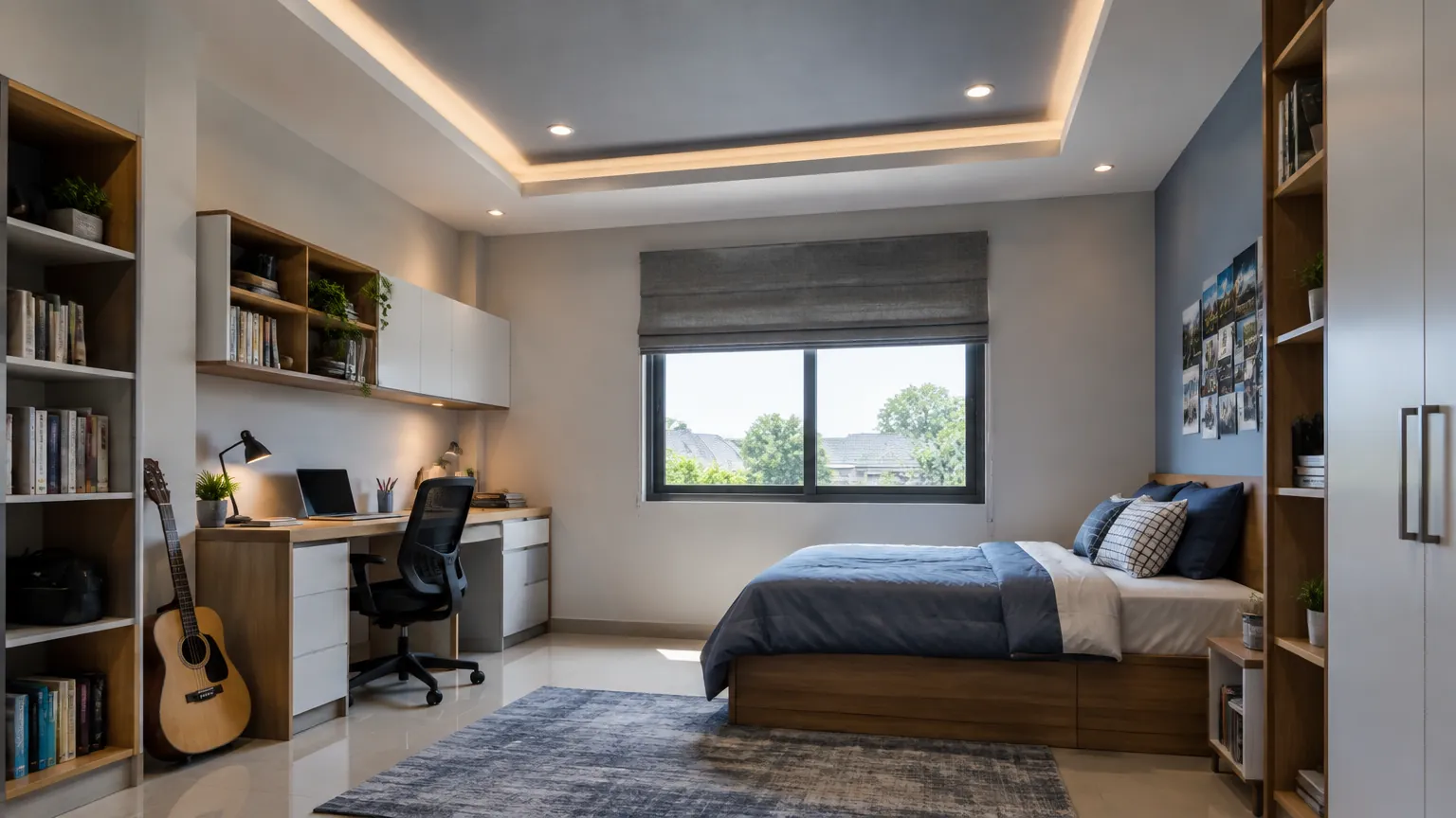Kamar remaja dengan meja belajar di bawah plafon sederhana