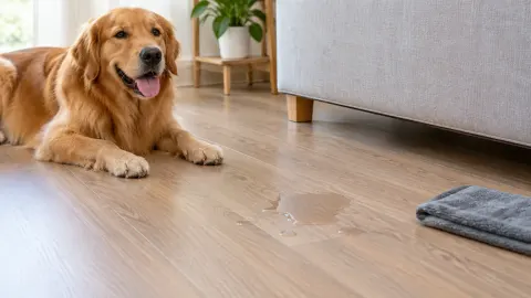 Anjing berbaring di atas lantai ruang keluarga
