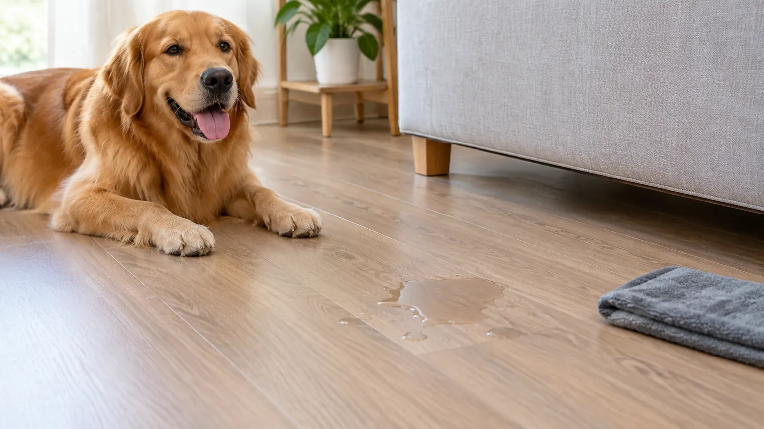 Anjing berbaring di atas lantai ruang keluarga