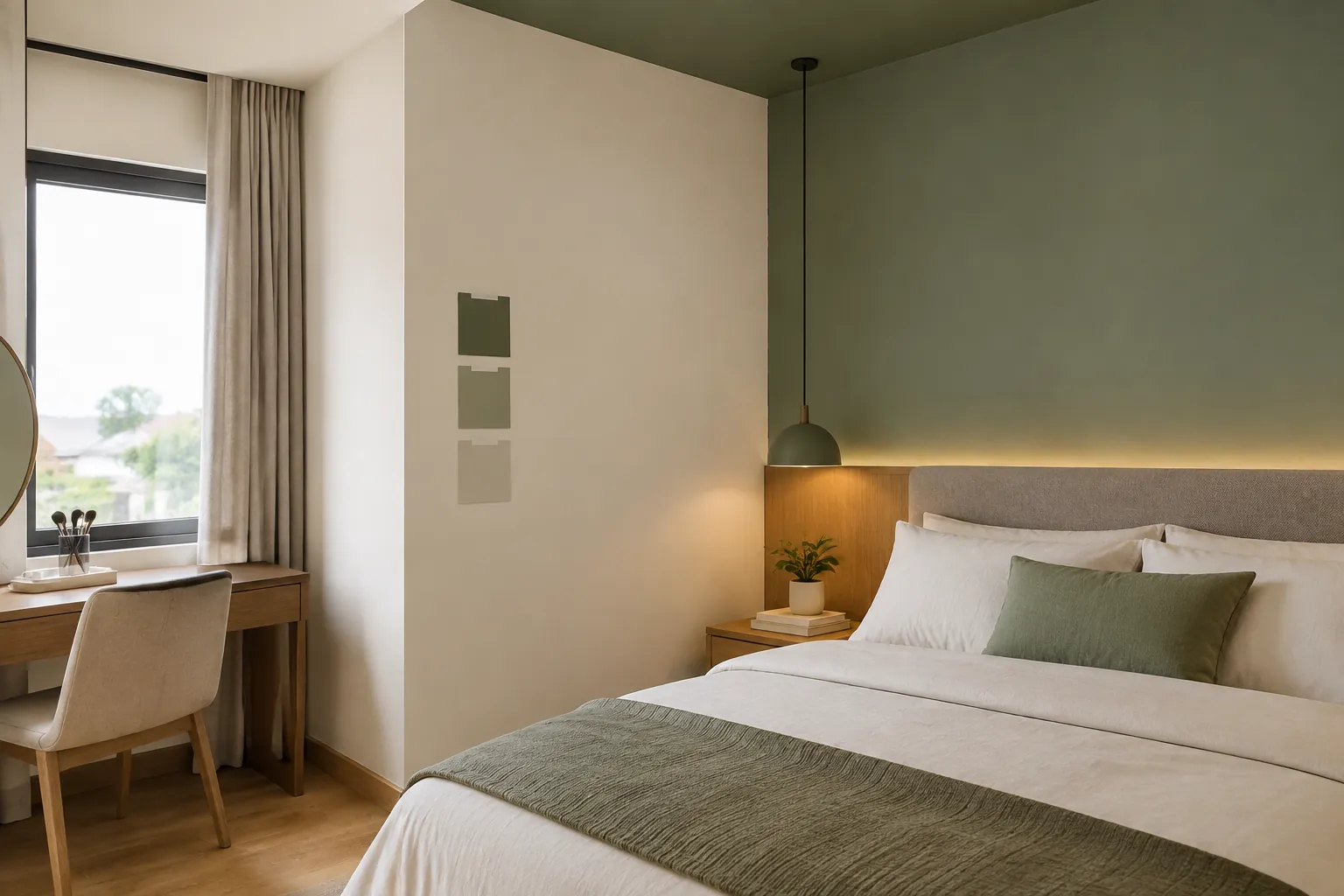 Contoh beberapa warna hijau ditempel pada dinding kamar