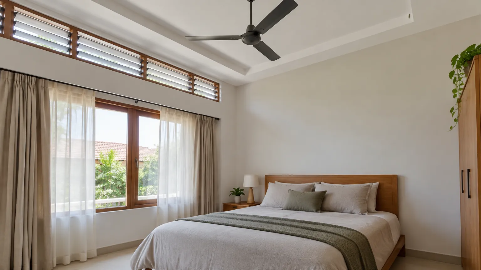 Kamar tidur dengan jendela besar, tirai dan kipas plafon