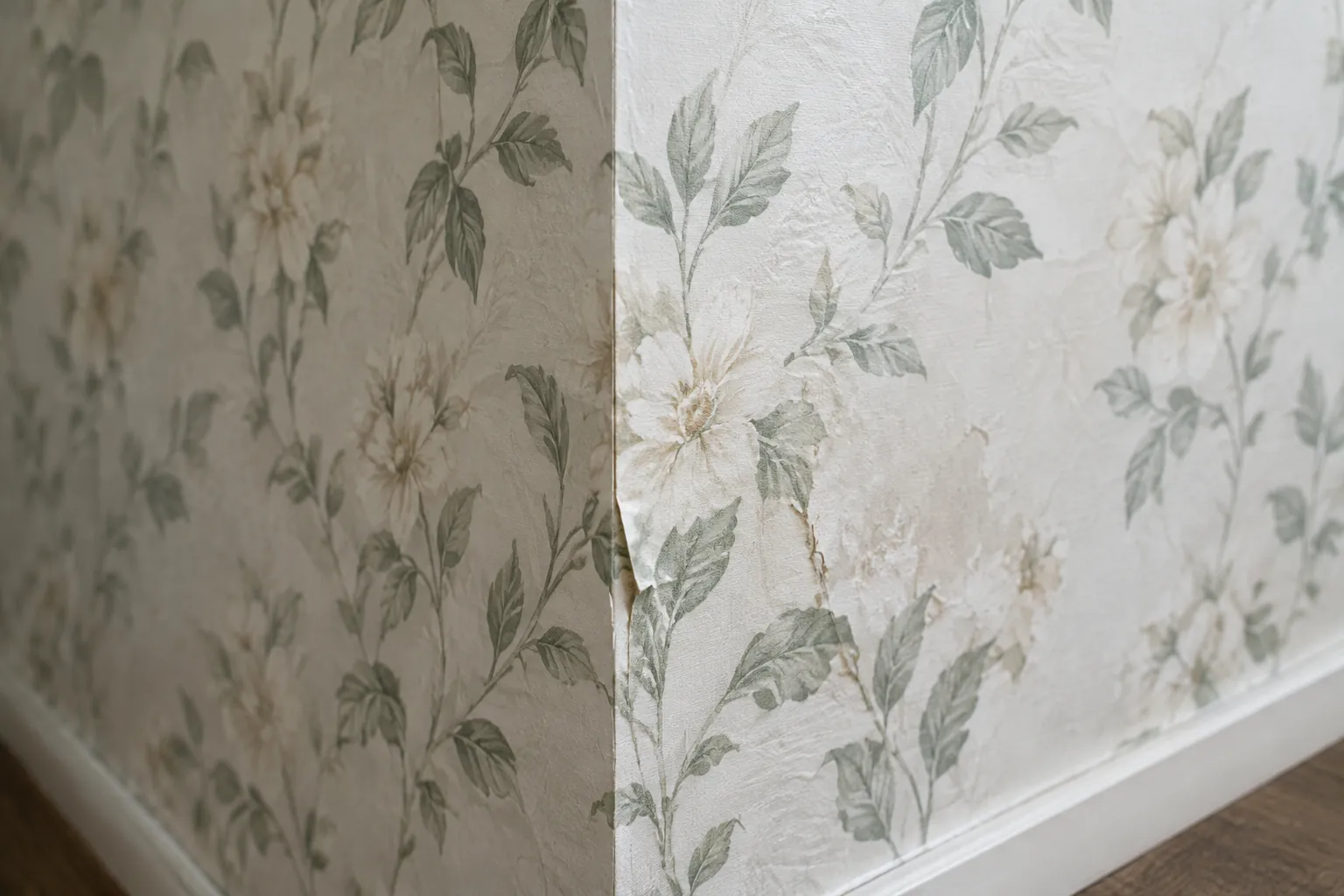 Tepi wallpaper bermotif daun terangkat dari dinding