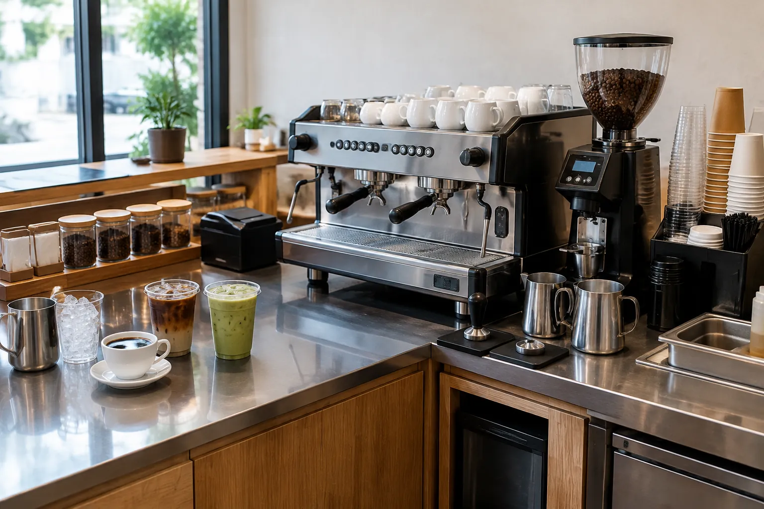 Mesin kopi dan penggiling di atas meja bar kafe