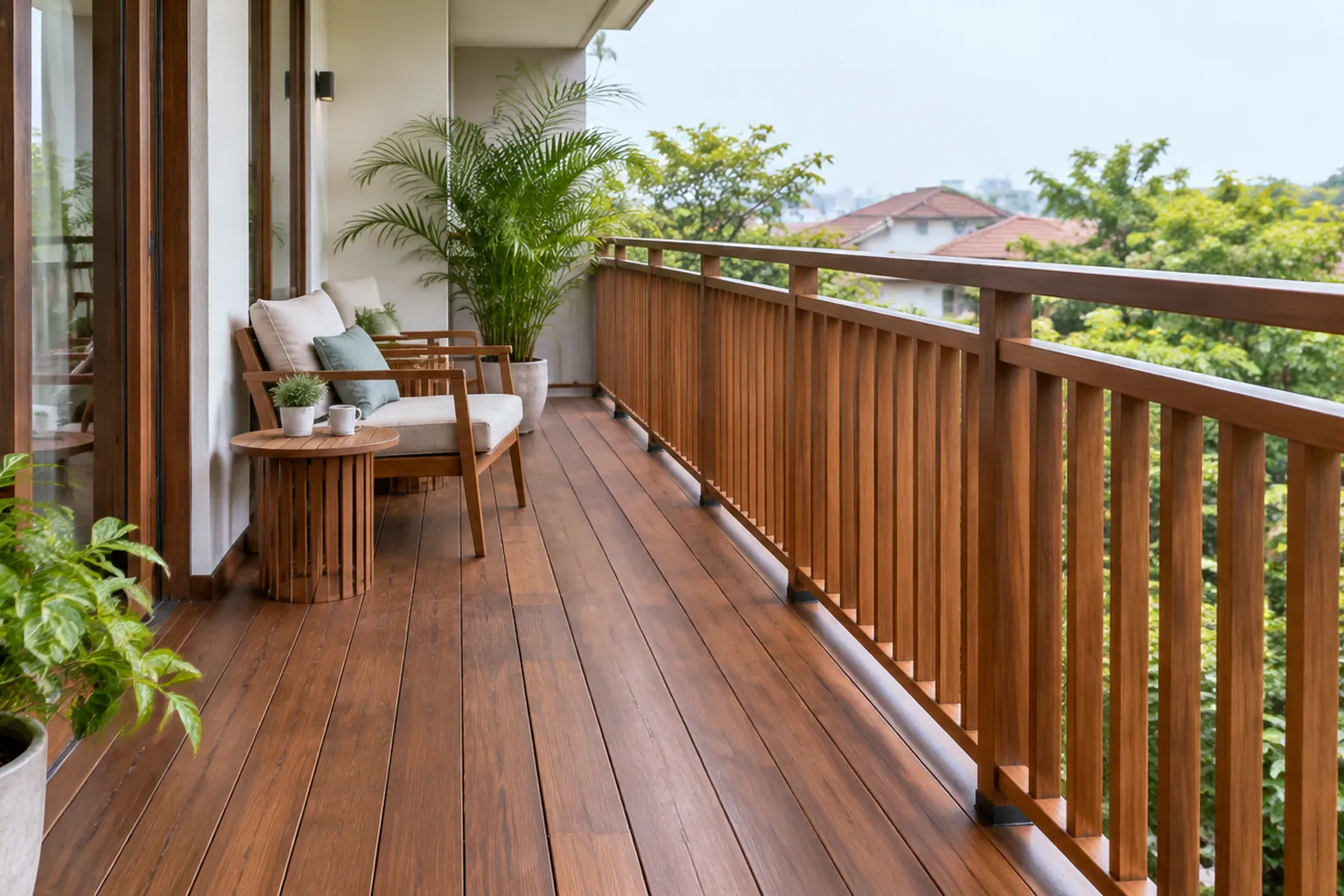 Balkon berlantai kayu dengan pagar dan area duduk