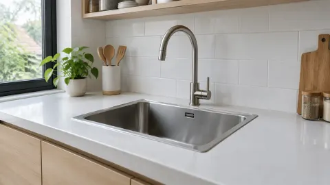 Bak cuci logam pada meja dapur kecil