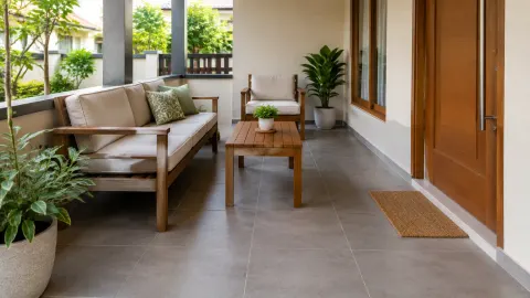 Sofa dan meja kayu tersusun di teras beratap