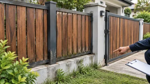 Pagar kayu dan gerbang logam di depan rumah