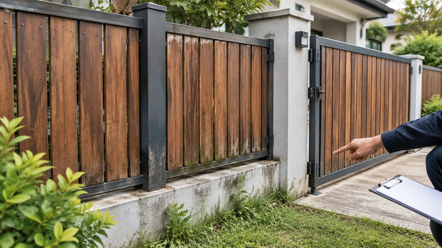 Pagar kayu dan gerbang logam di depan rumah