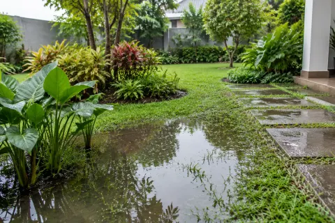 Genangan air di taman dekat jalur pijak dan tanaman