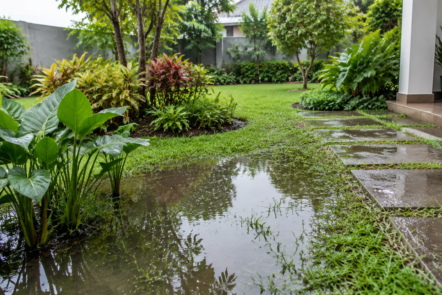 Genangan air di taman dekat jalur pijak dan tanaman