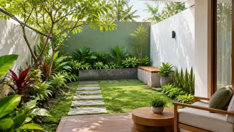 Taman kecil dengan jalur pijakan dan tanaman
