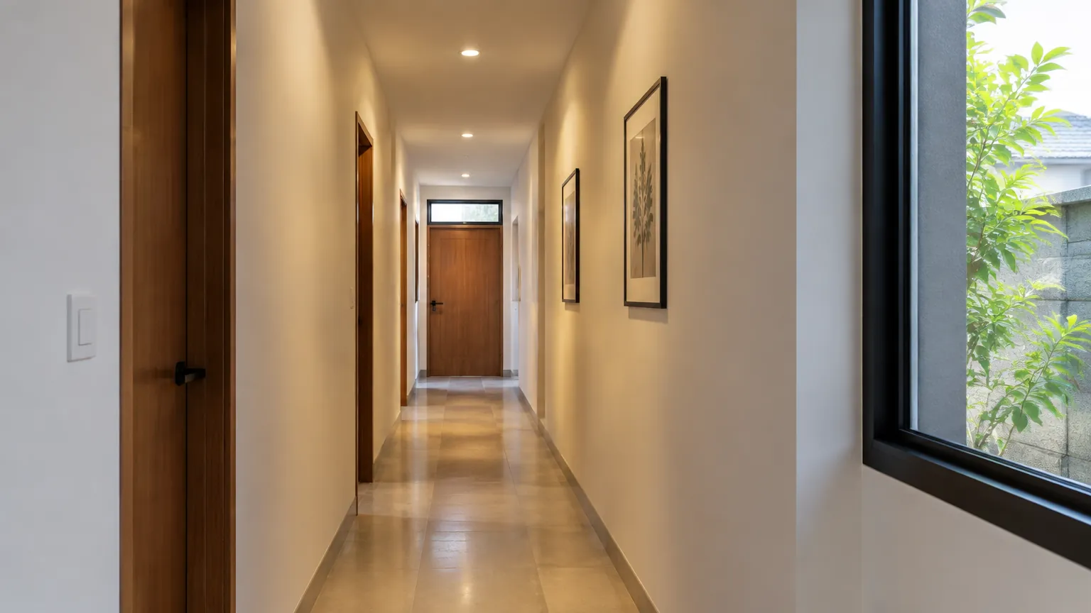Lorong sempit dengan deretan lampu plafon kecil