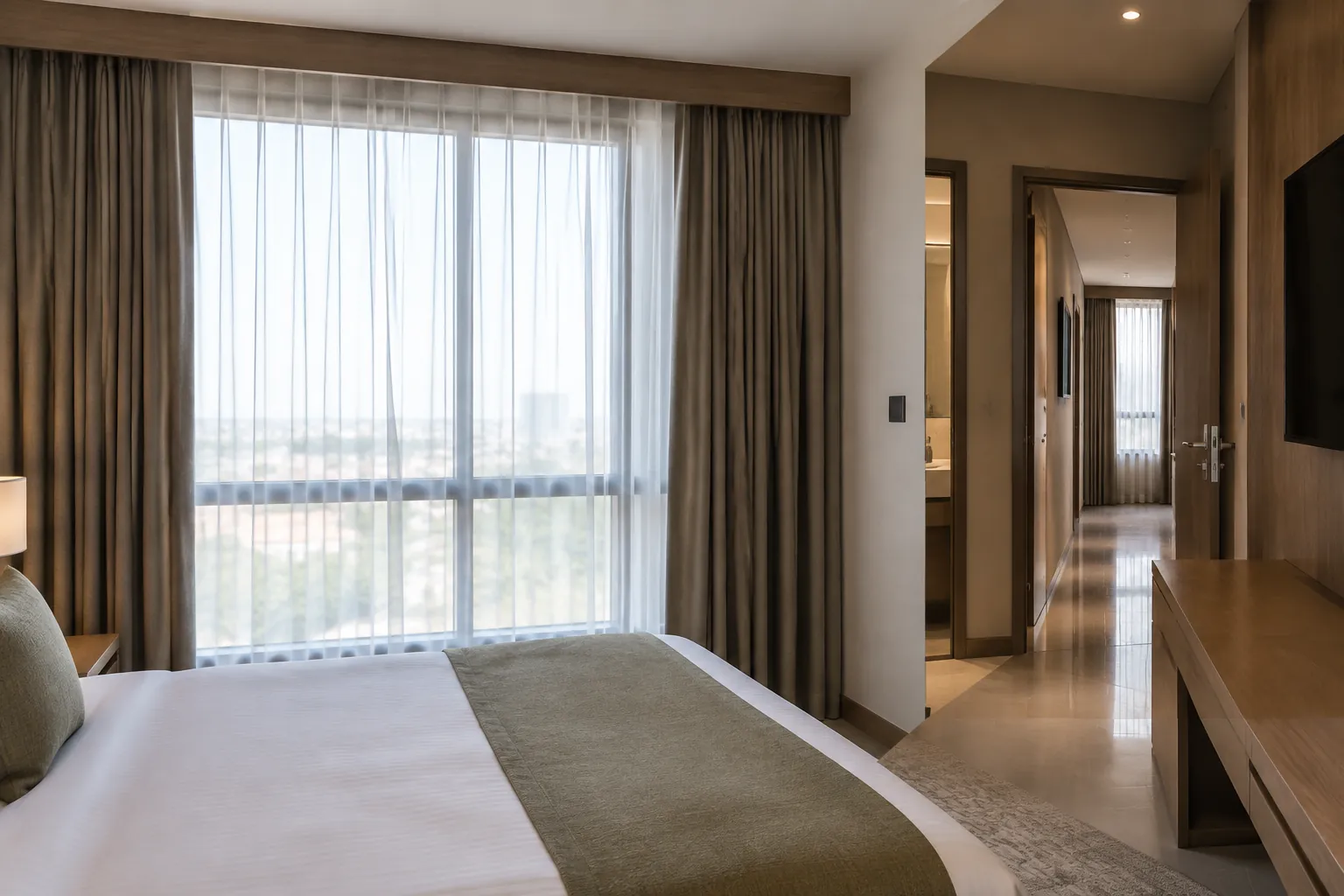 Kamar hotel dengan tirai dan akses ke kamar mandi