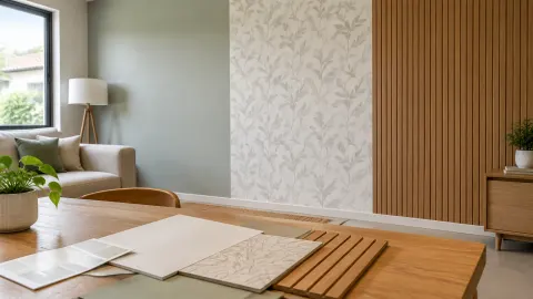 Sampel panel, wallpaper, dan cat di depan dinding