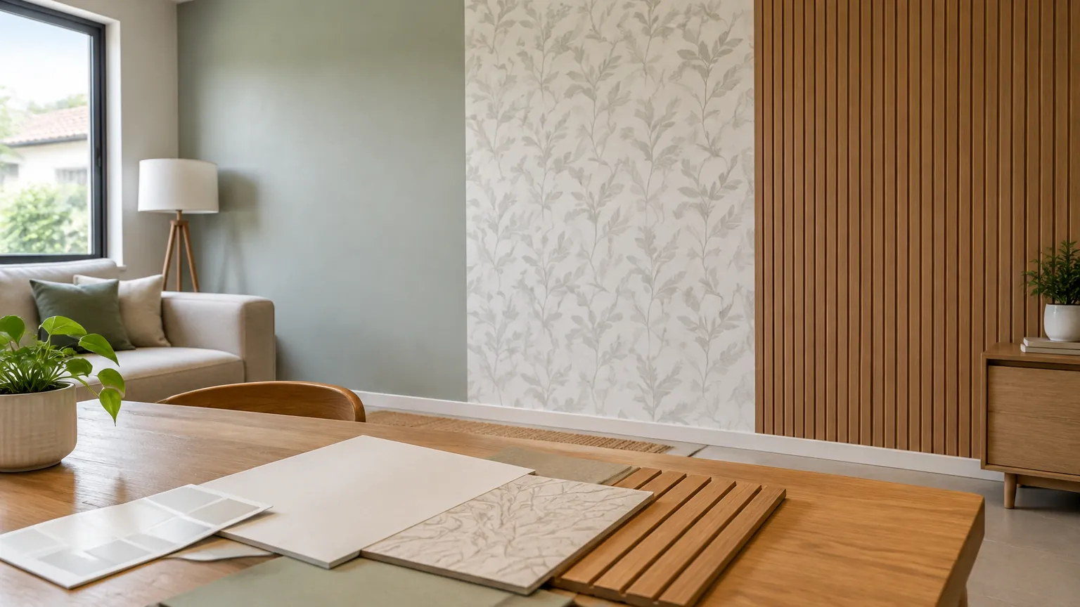 Sampel panel, wallpaper, dan cat di depan dinding