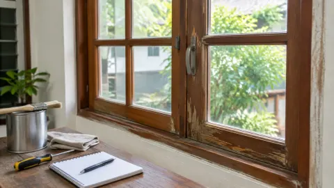 Kusen jendela kayu lama pada dinding rumah
