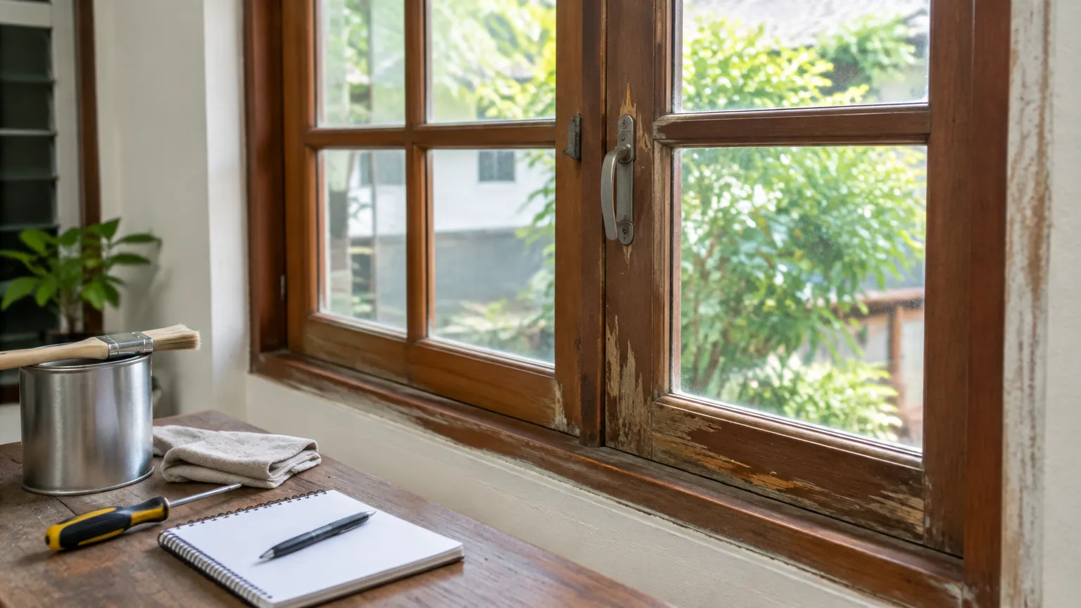 Kusen jendela kayu lama pada dinding rumah
