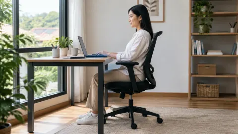 Seseorang bekerja di meja dekat jendela dengan kursi kantor