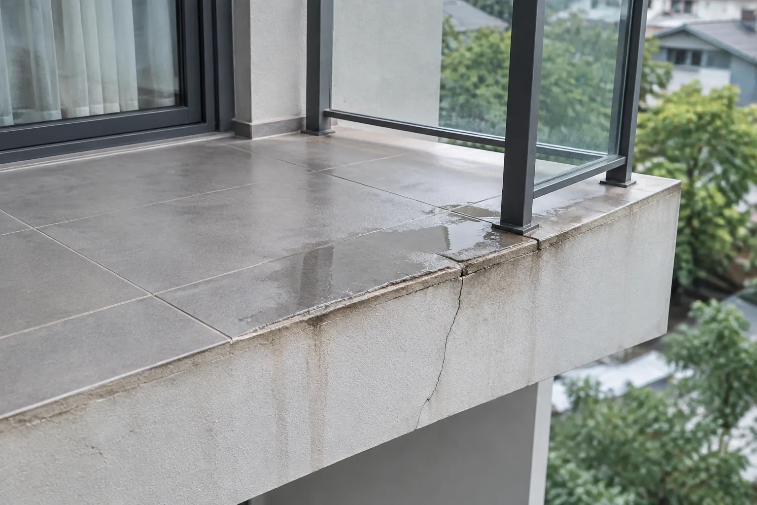 Noda air di bawah tepi balkon dengan railing kaca