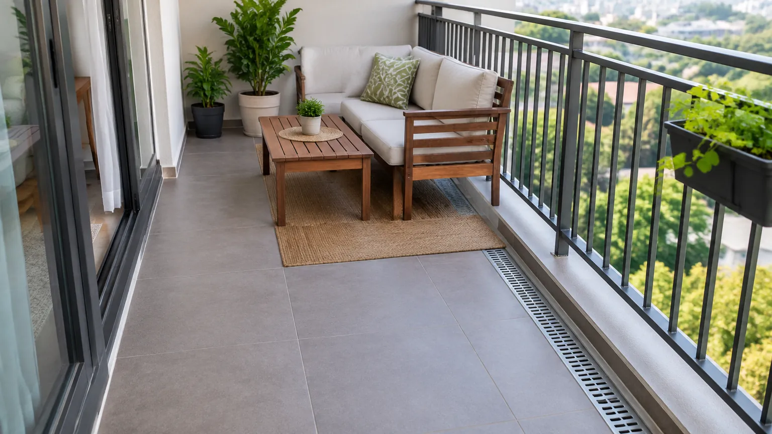 Balkon dengan kursi, meja, dan jalur lantai terbuka