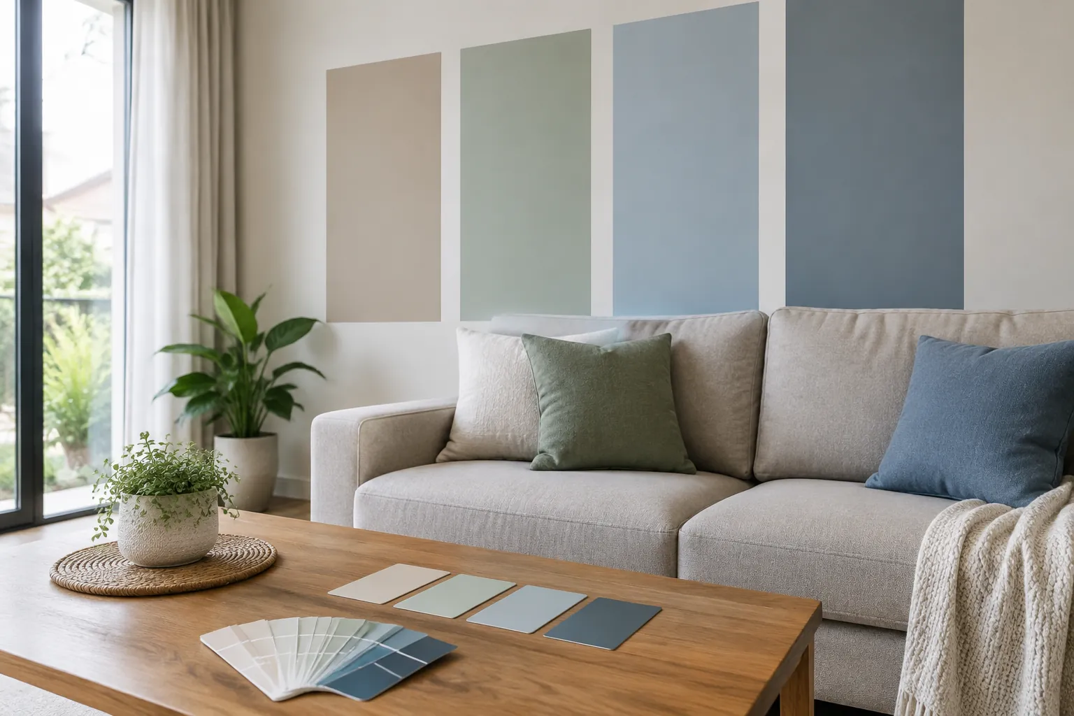 Beberapa contoh warna cat ditempel pada dinding belakang sofa