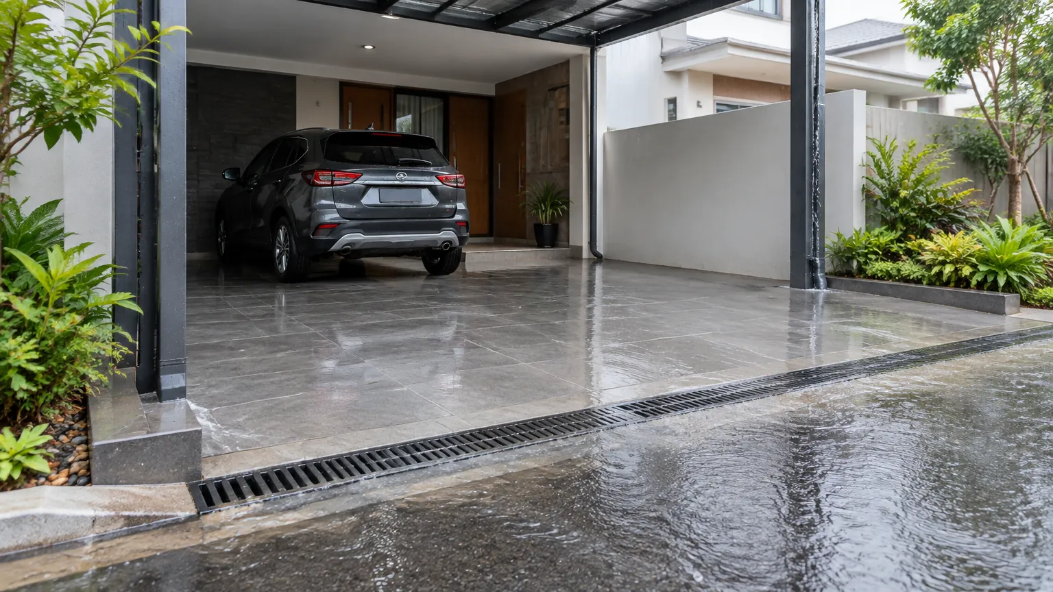 Air hujan mengalir ke saluran di depan carport