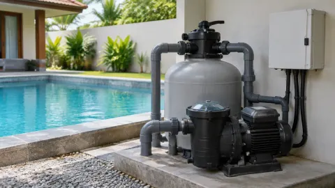 Pompa dan filter kolam di dekat tepi kolam rumah
