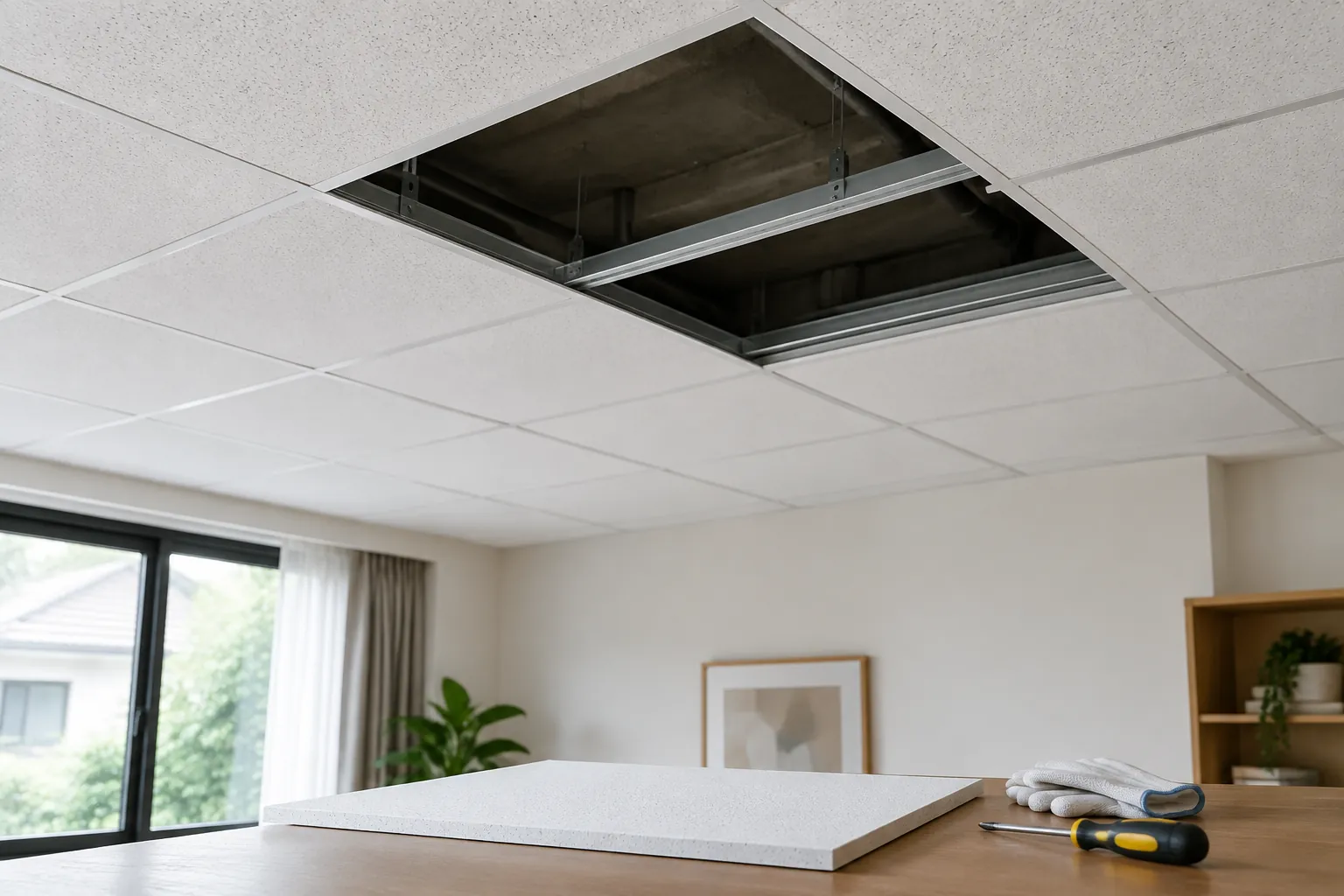 Panel plafon dilepas pada rangka yang tetap terpasang