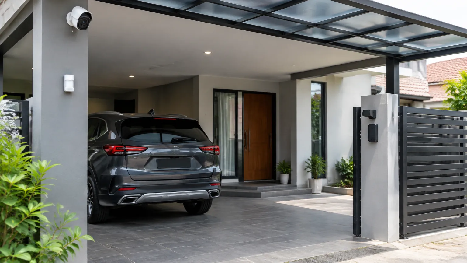 Kamera, sensor, dan gerbang berada di tepi carport