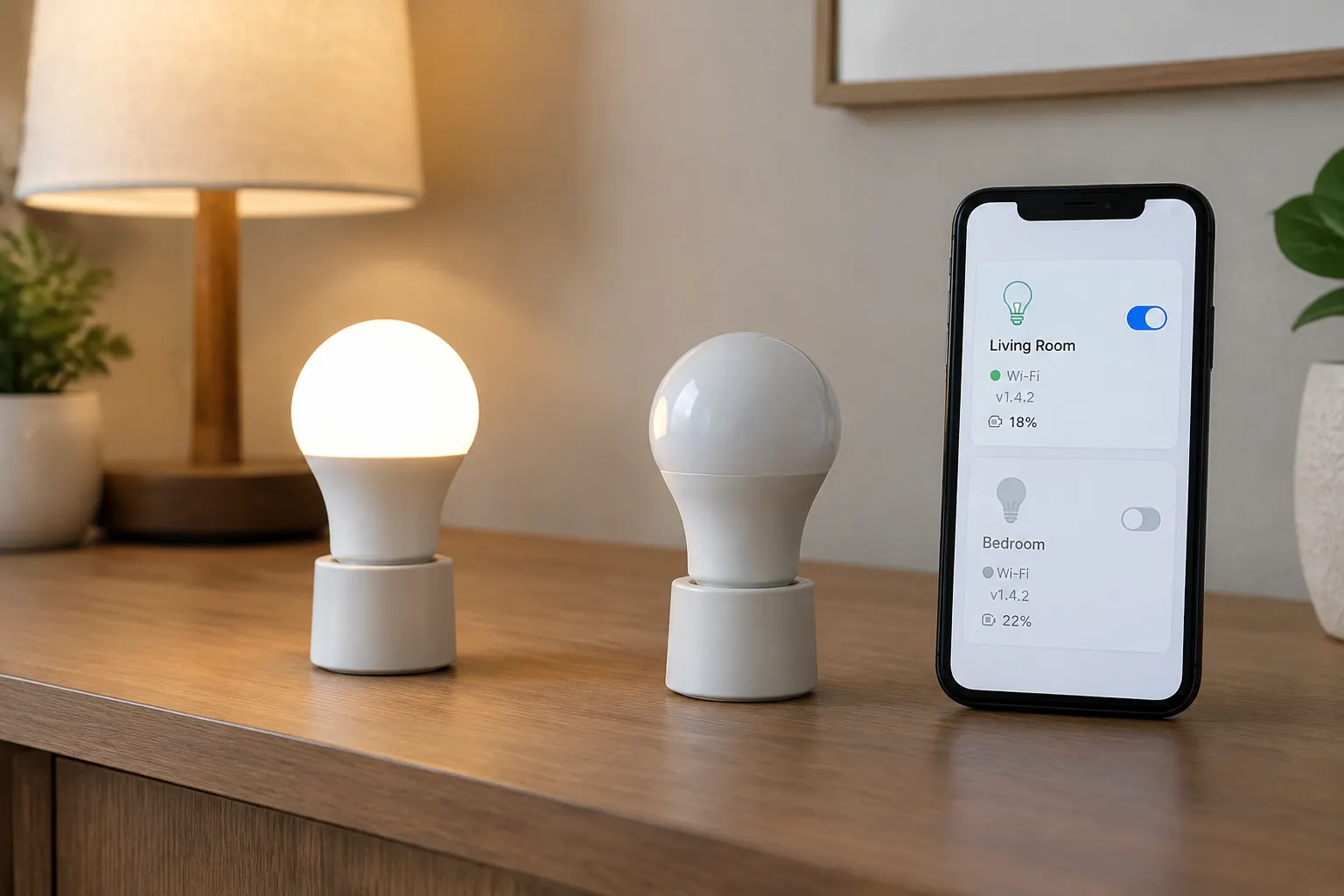 Dua lampu pintar dan ponsel di meja