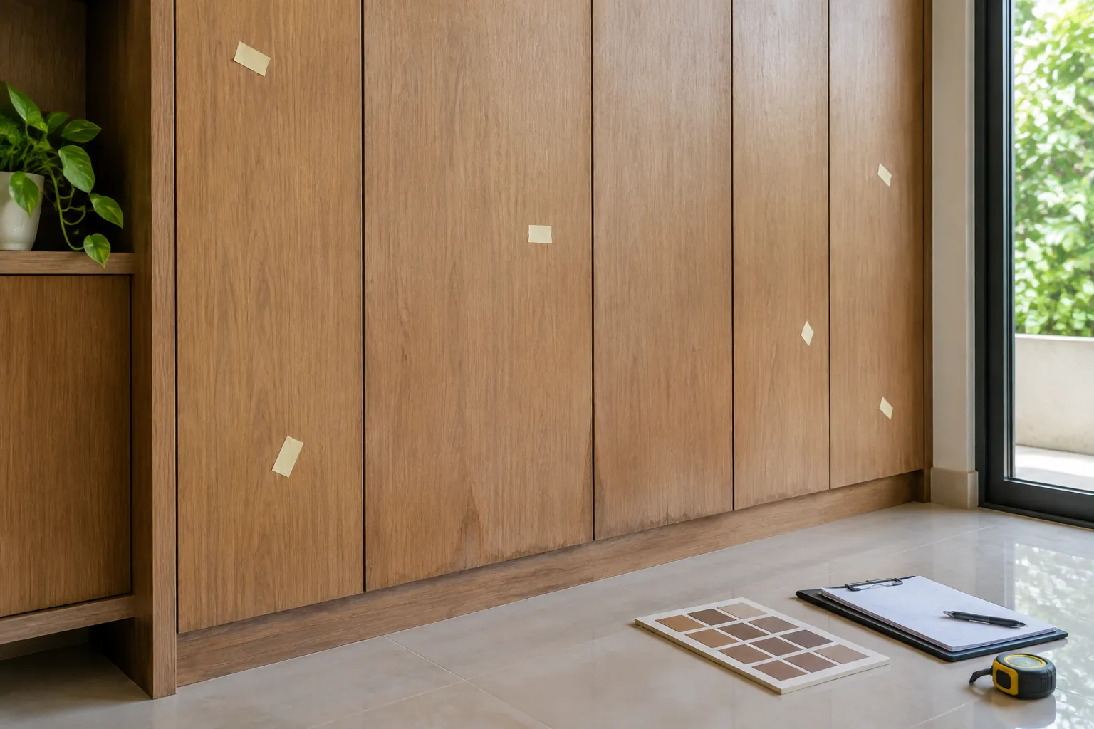 Panel pelapis dinding kayu dengan beberapa tanda pemeriksaan