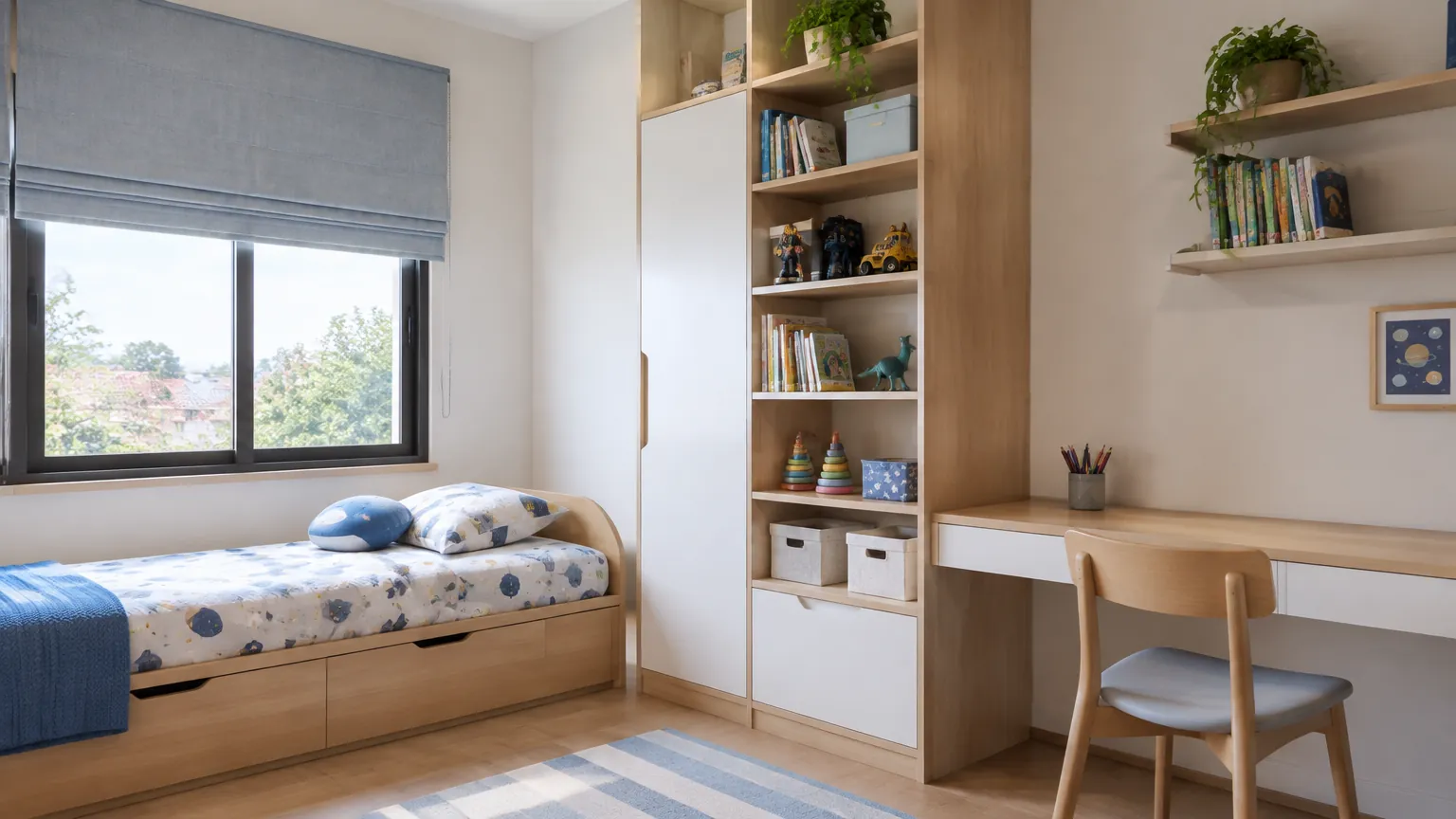 Kamar anak dengan rak tinggi dan meja belajar