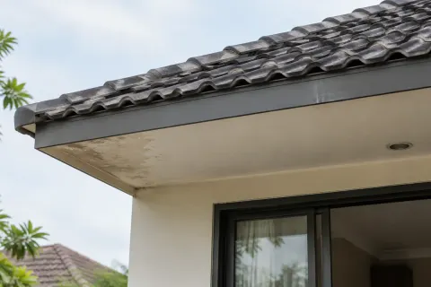 Tepi atap genteng dengan noda pada bagian bawahnya