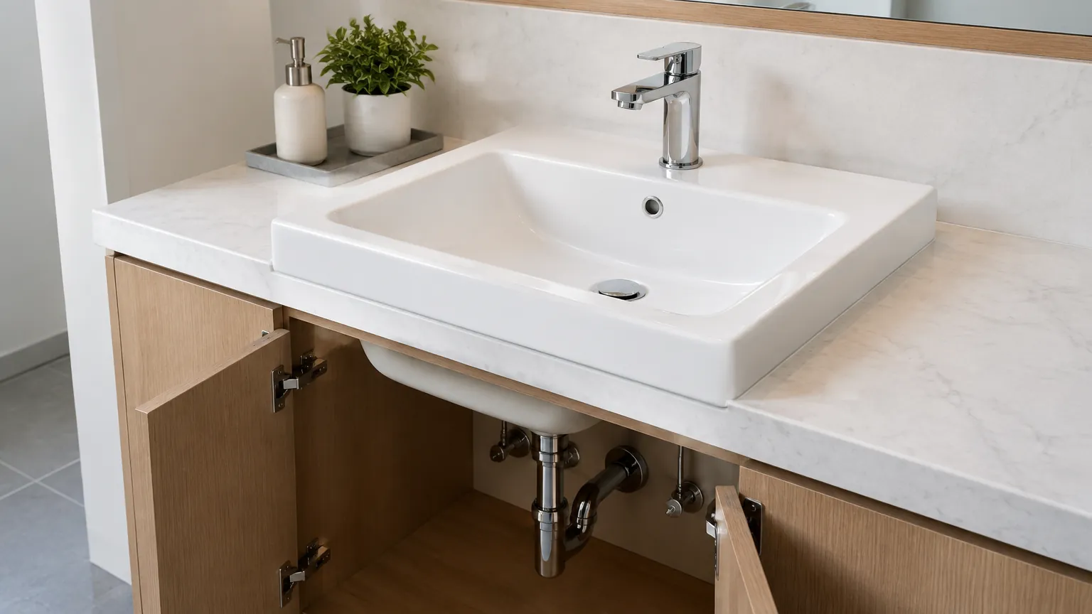 Wastafel putih dengan kabinet terbuka di bawahnya