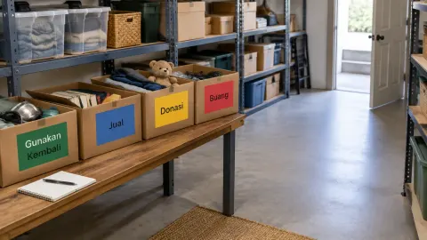 Kotak barang gudang dipilah untuk digunakan atau dikeluarkan