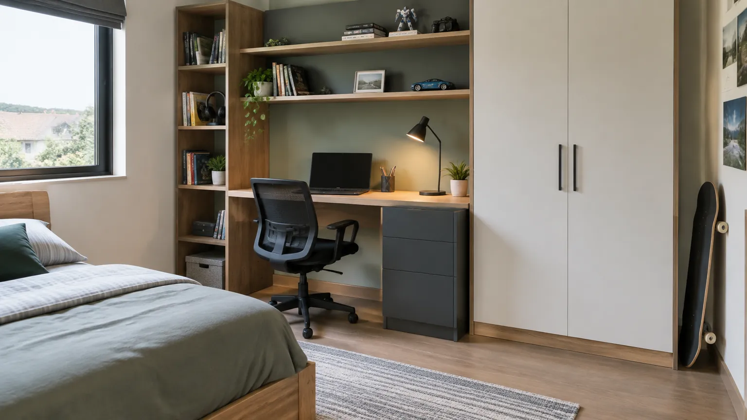 Kamar remaja dengan tempat tidur, meja, dan lemari