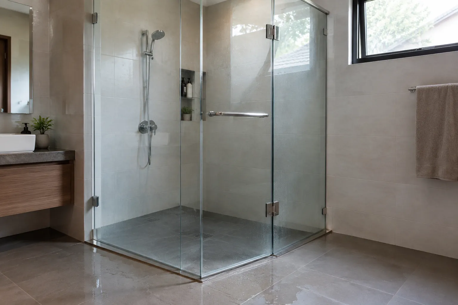 Panel kaca membatasi area pancuran pada kamar mandi