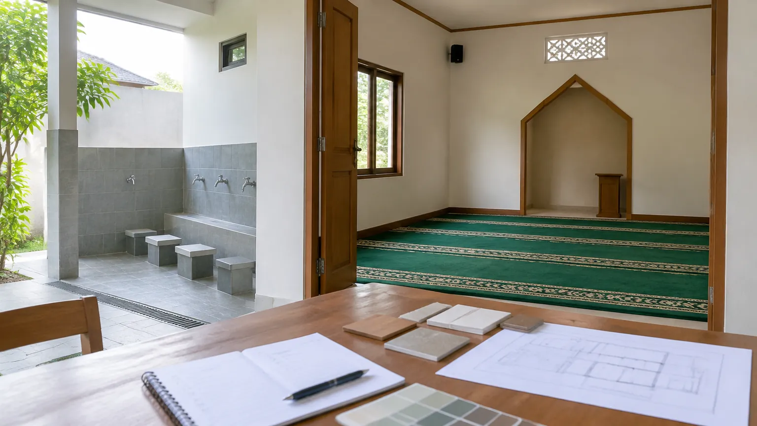 Denah renovasi dan sampel material di depan musala