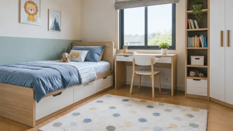 Kamar anak dengan tempat tidur, meja belajar, dan lemari