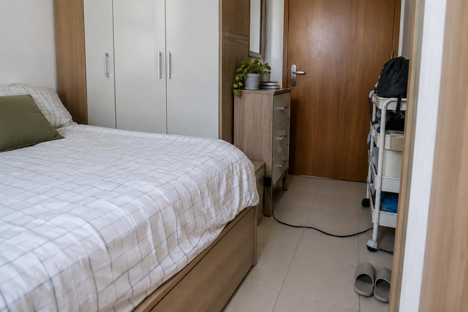 Kabel dan stopkontak di dekat lemari kamar tidur