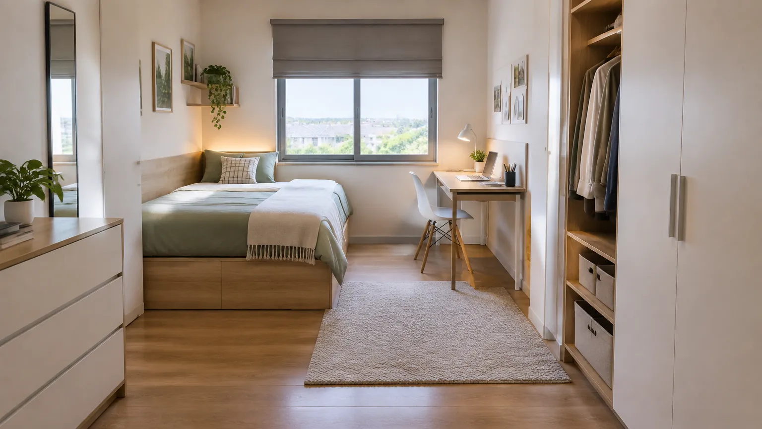 Kamar tidur dengan ranjang, meja kerja, dan lemari di sisi berbeda