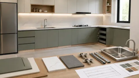 Sampel finishing kabinet dapur di depan kitchen set