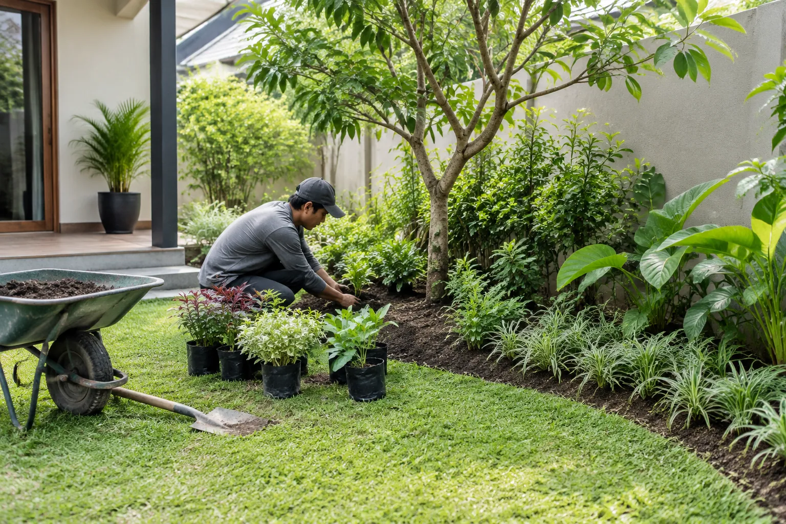 Pekerja menata tanaman pada taman rumah