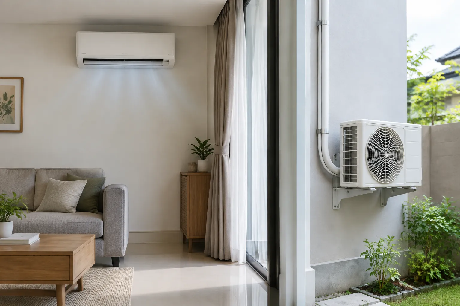 Unit AC dalam ruang dan unit luar terlihat di sisi rumah