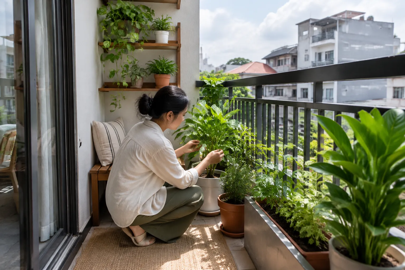 Penghuni memeriksa tanaman pot di balkon apartemen