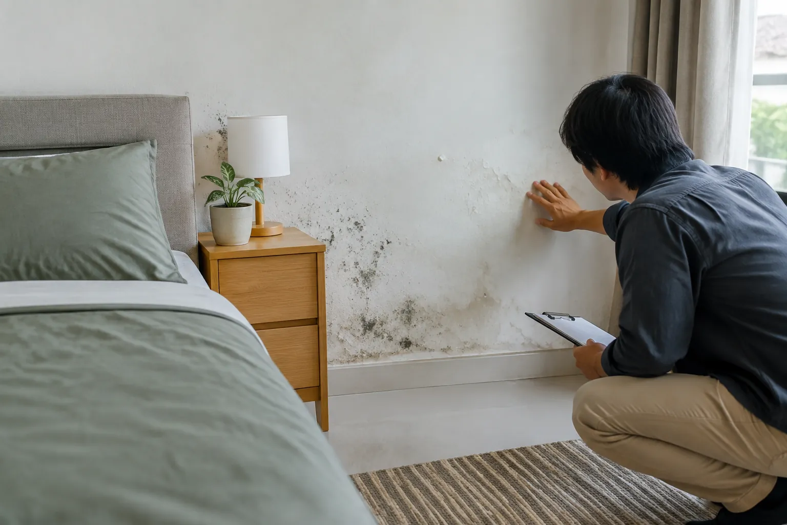 Seseorang memeriksa noda pada dinding kamar tidur