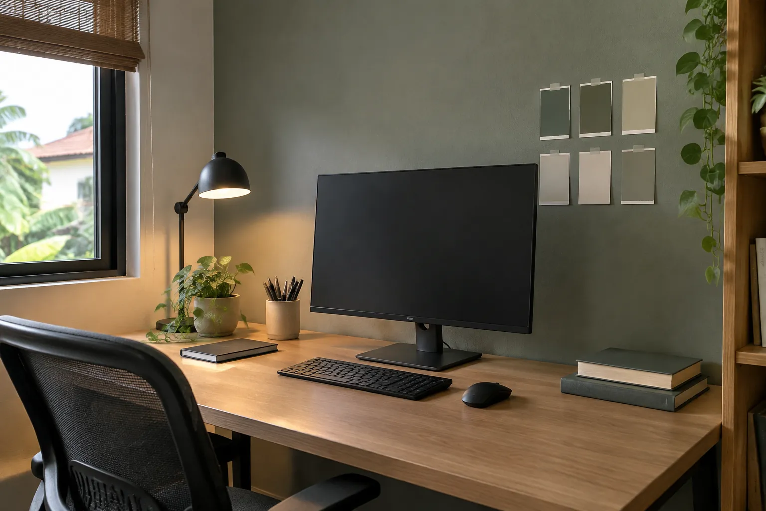 Monitor dan lampu meja pada ruang kerja dengan beberapa sampel warna